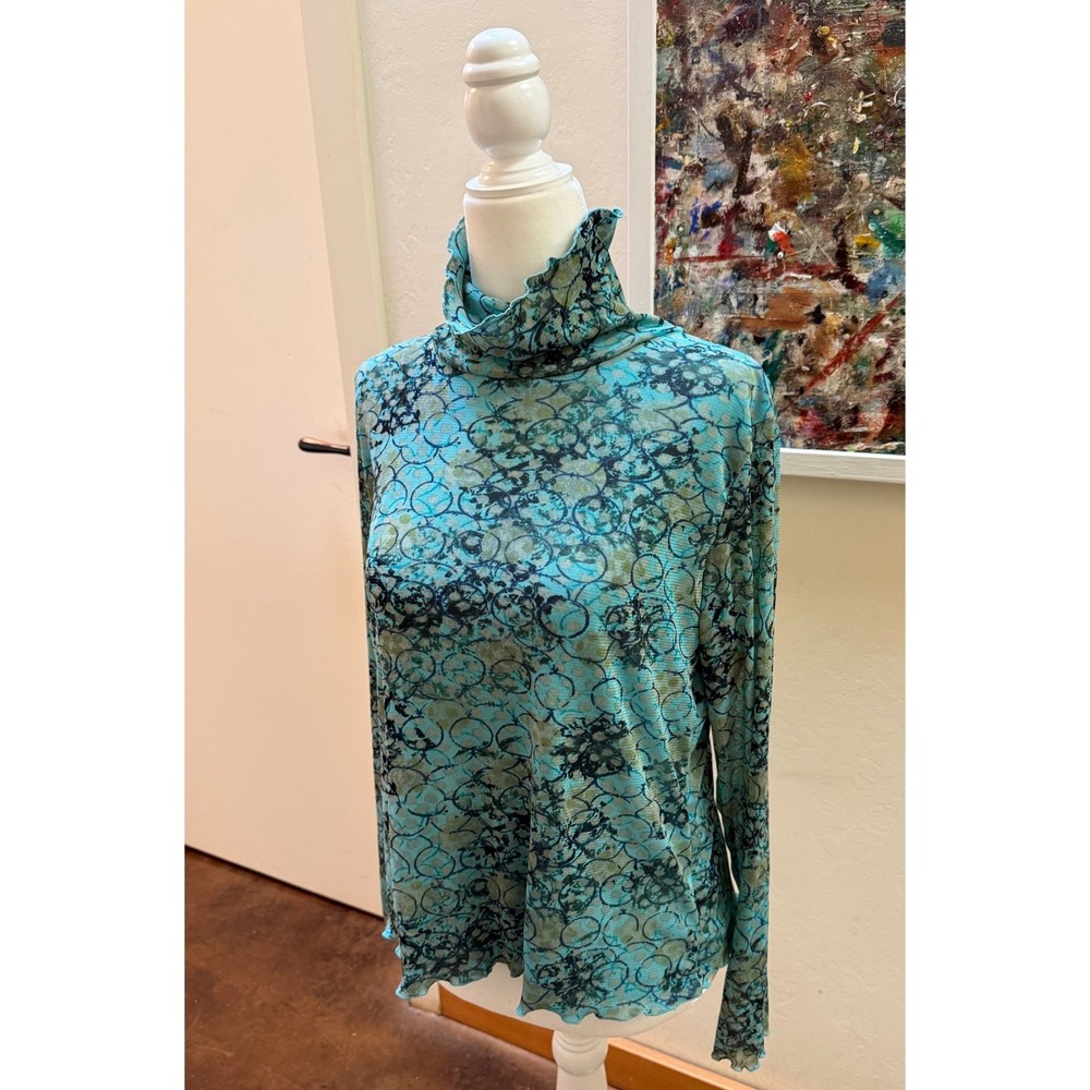 Turquoise Mesh Turtleneck Lettuce Edge Long Sleeve Top fairycore